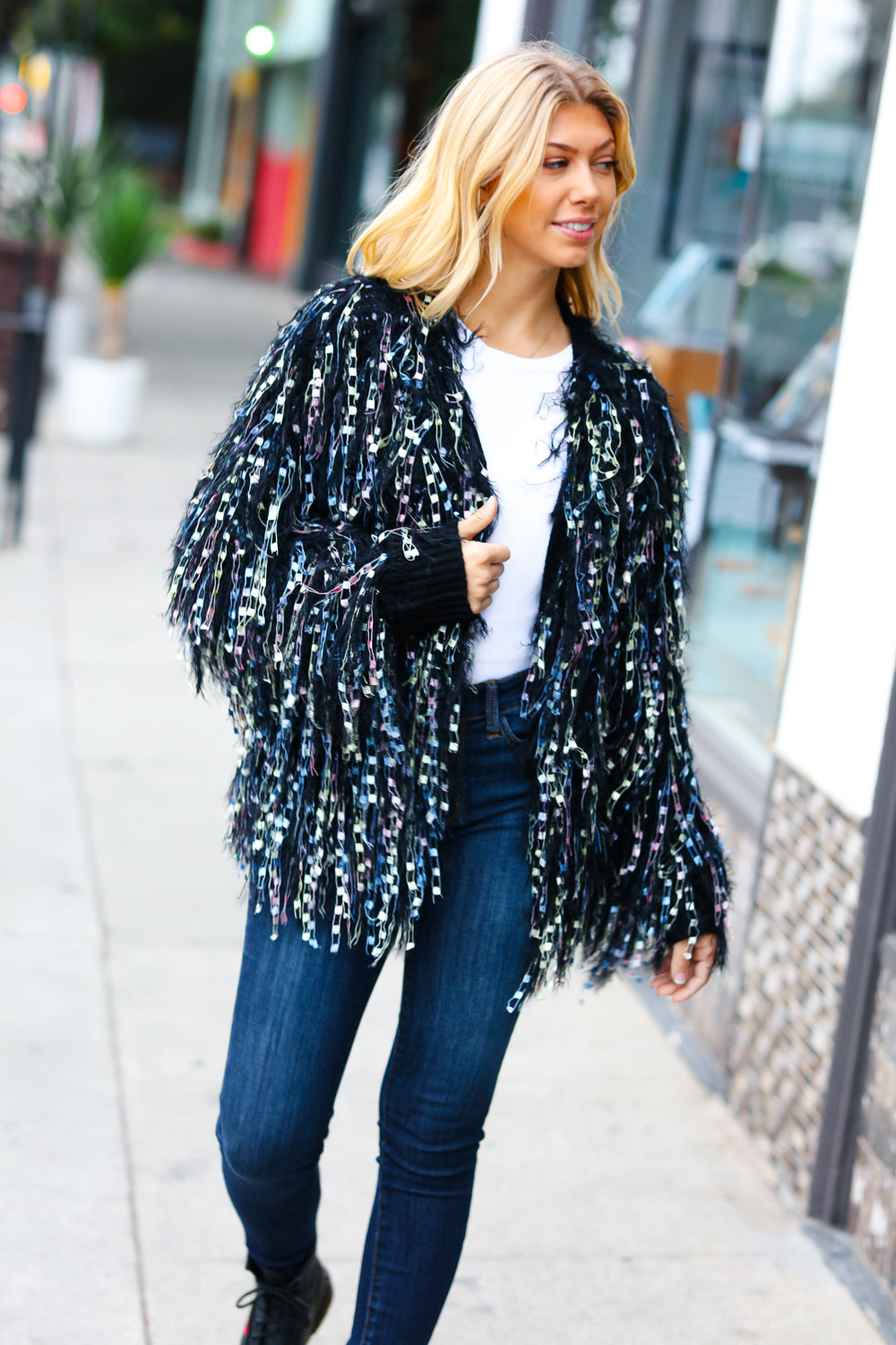 DAZZLING FUZZY FRING KNIT CARDIGAN