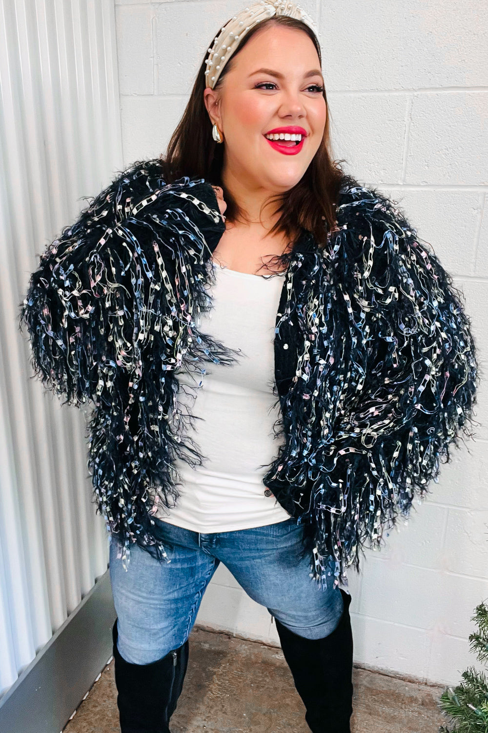 DAZZLING FUZZY FRING KNIT CARDIGAN