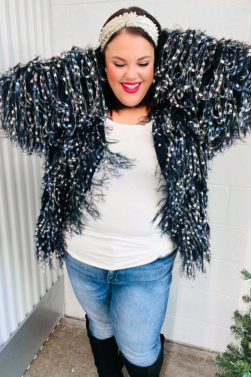 DAZZLING FUZZY FRING KNIT CARDIGAN