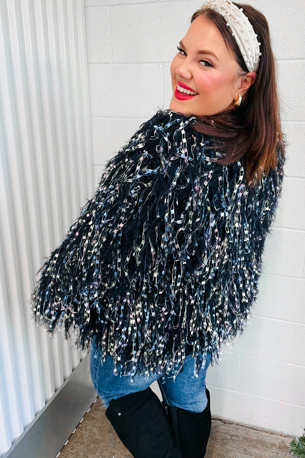 DAZZLING FUZZY FRING KNIT CARDIGAN