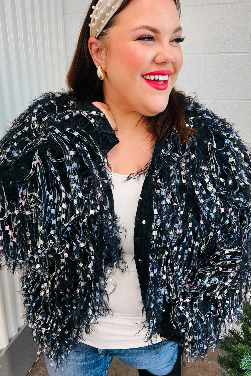 DAZZLING FUZZY FRING KNIT CARDIGAN