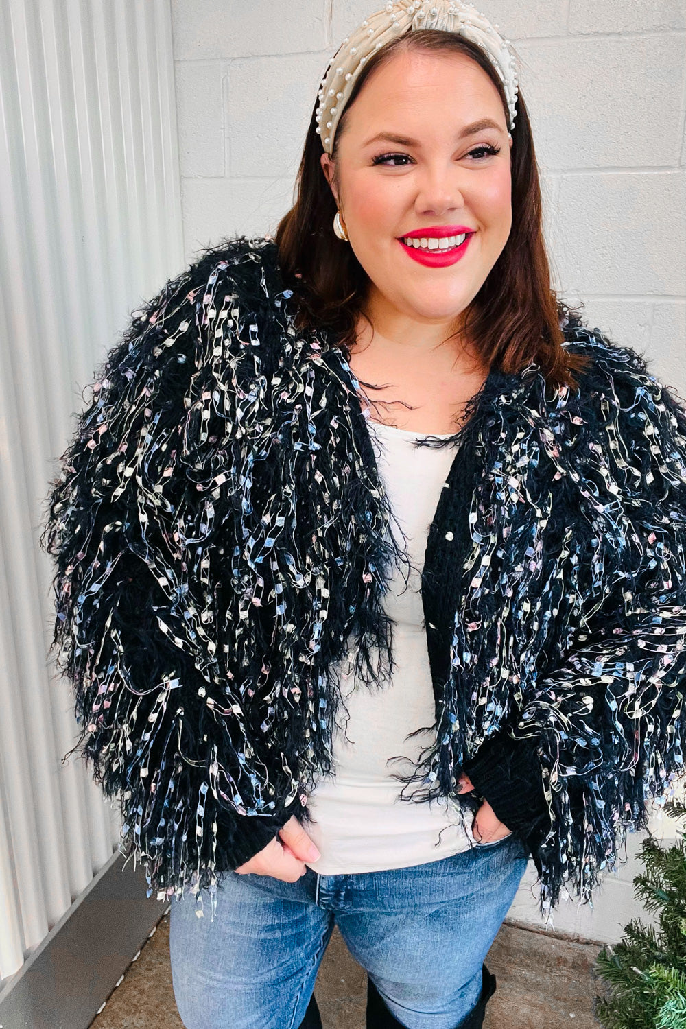 DAZZLING FUZZY FRING KNIT CARDIGAN