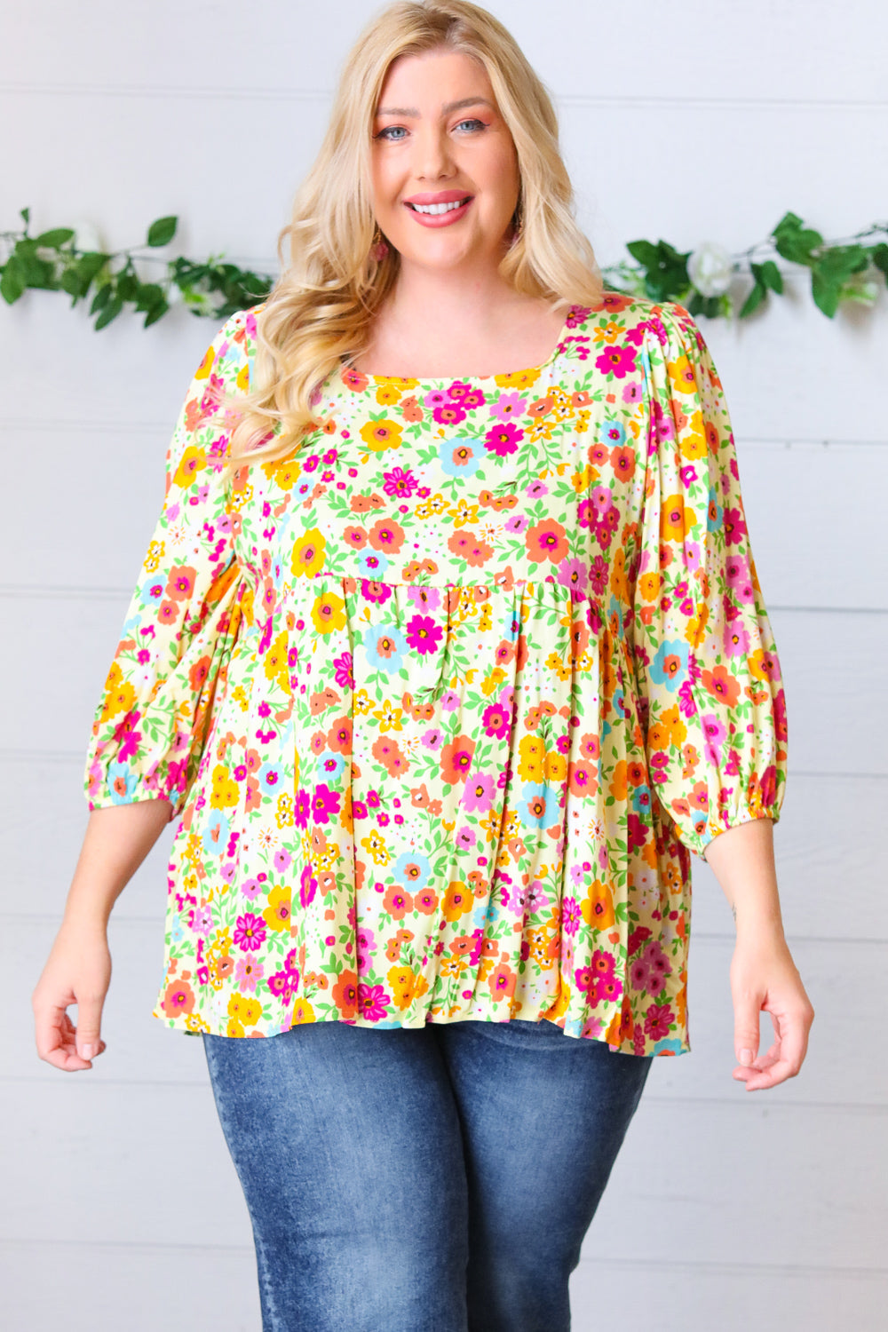 Daffodil Square Neck Peplum Floral Challis Woven Top