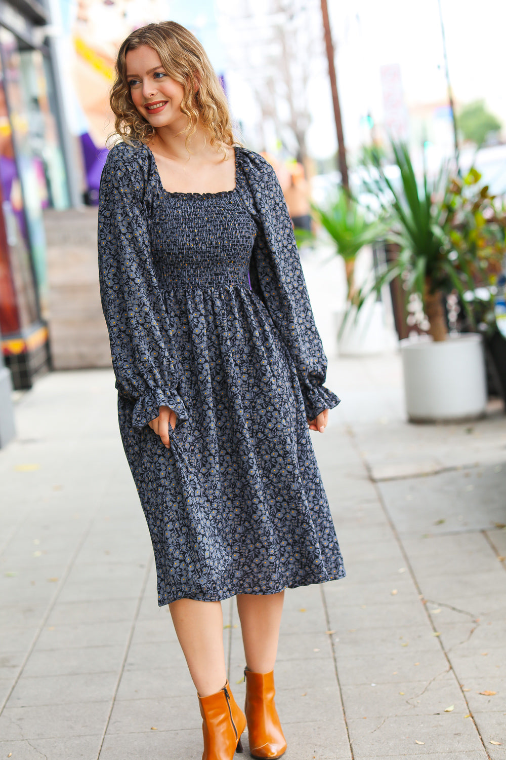 Keep You Close Black Smocking Ditsy Floral Woven Dress