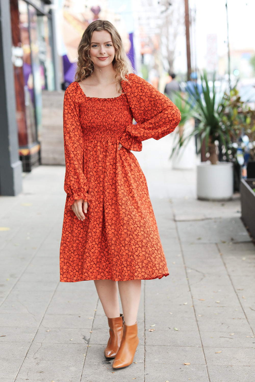 Keep You Close Rust Smocking Ditsy Floral Woven Dress