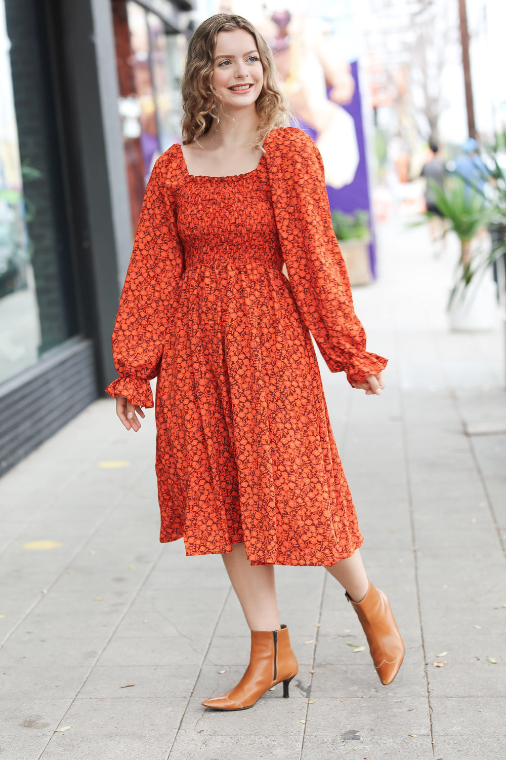 Keep You Close Rust Smocking Ditsy Floral Woven Dress