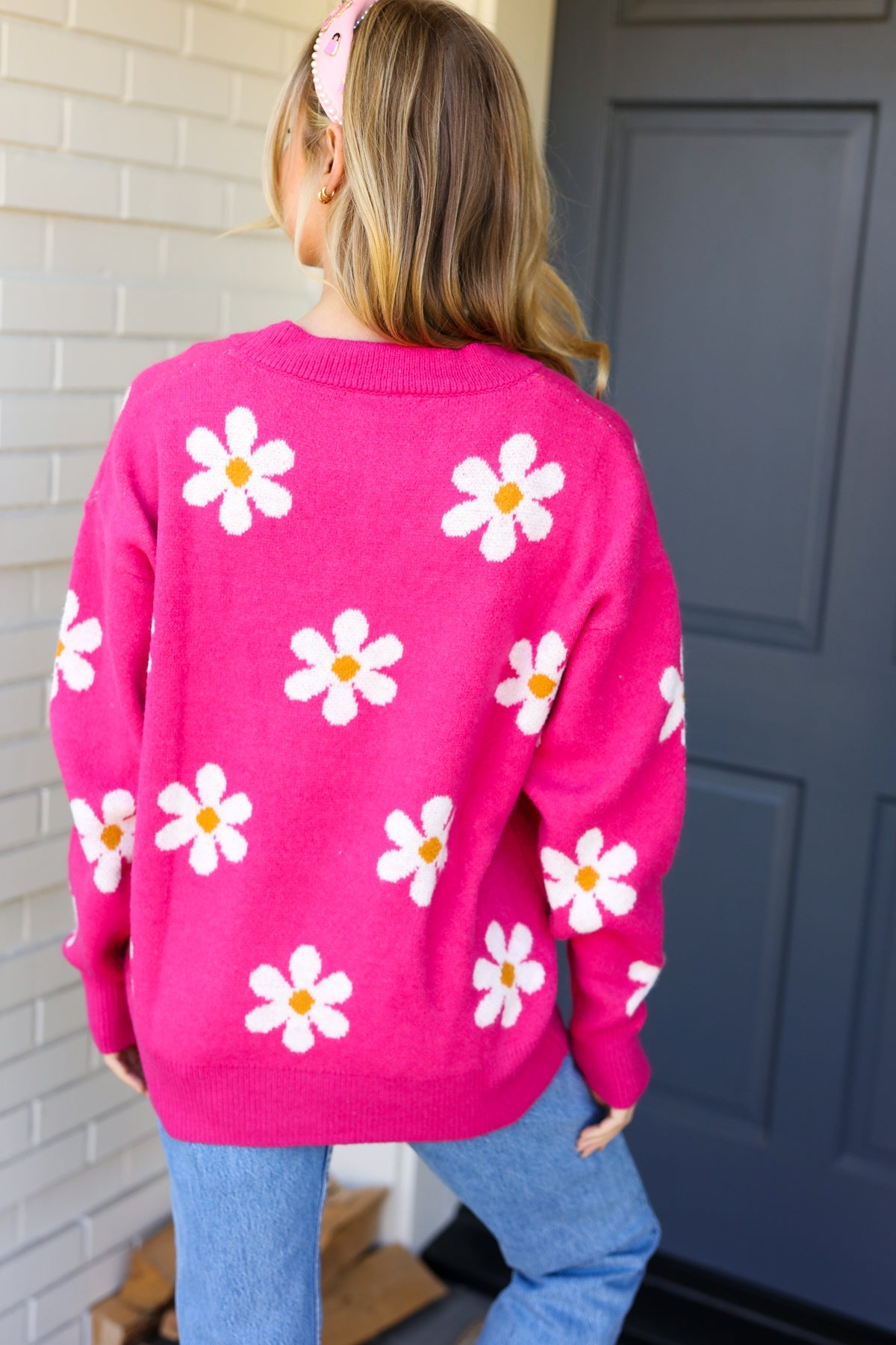 ALL FOR LOVE AND DAISIES FUCHSIA KNIT CARDIGAN
