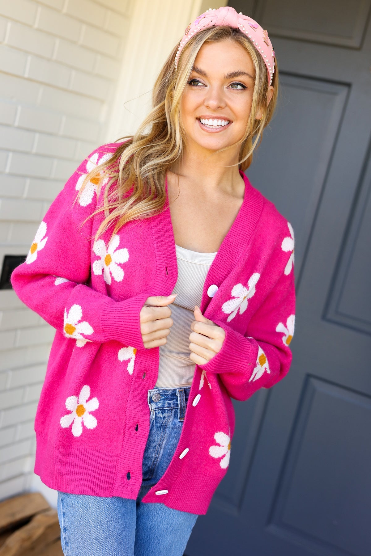 ALL FOR LOVE AND DAISIES FUCHSIA KNIT CARDIGAN