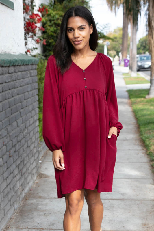 Wine Crepe V Neck Raglan Babydoll Dress