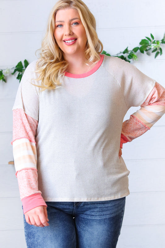 Oatmeal & Coral Slub Rib Floral Color Block Raglan Top