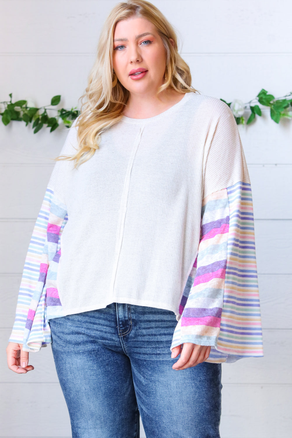 Ivory Slub Rib Thermal Multicolor Stripe Bell Sleeve Top