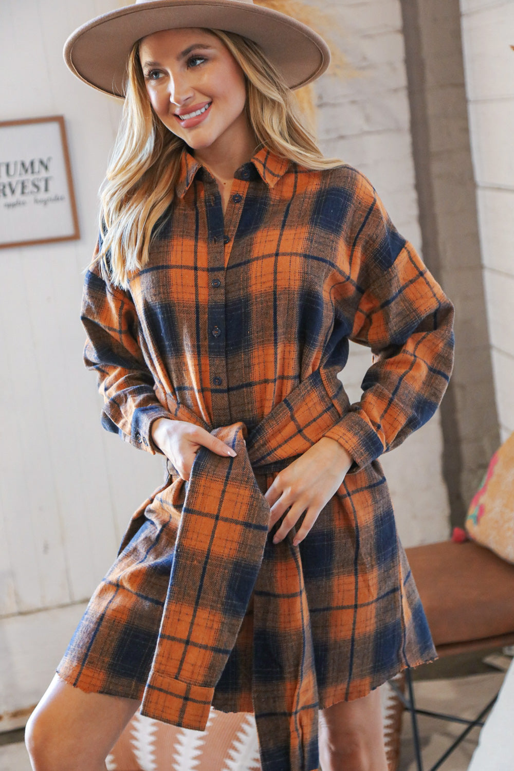 Navy & Rust Plaid Flannel Button Down Waist Tie Dress