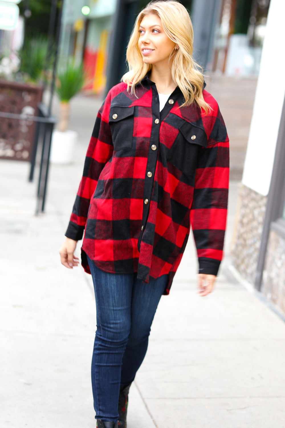 Holiday Red Flannel Plaid Button Down Shacket