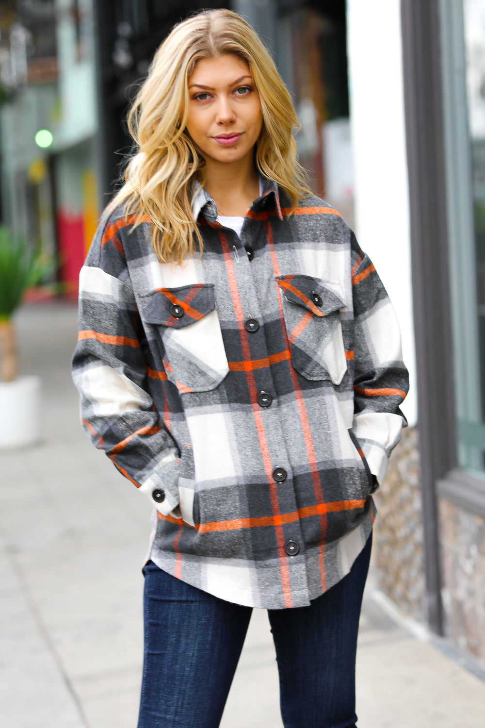 Charcoal & Rust Plaid Flannel Button Down Oversized Jacket