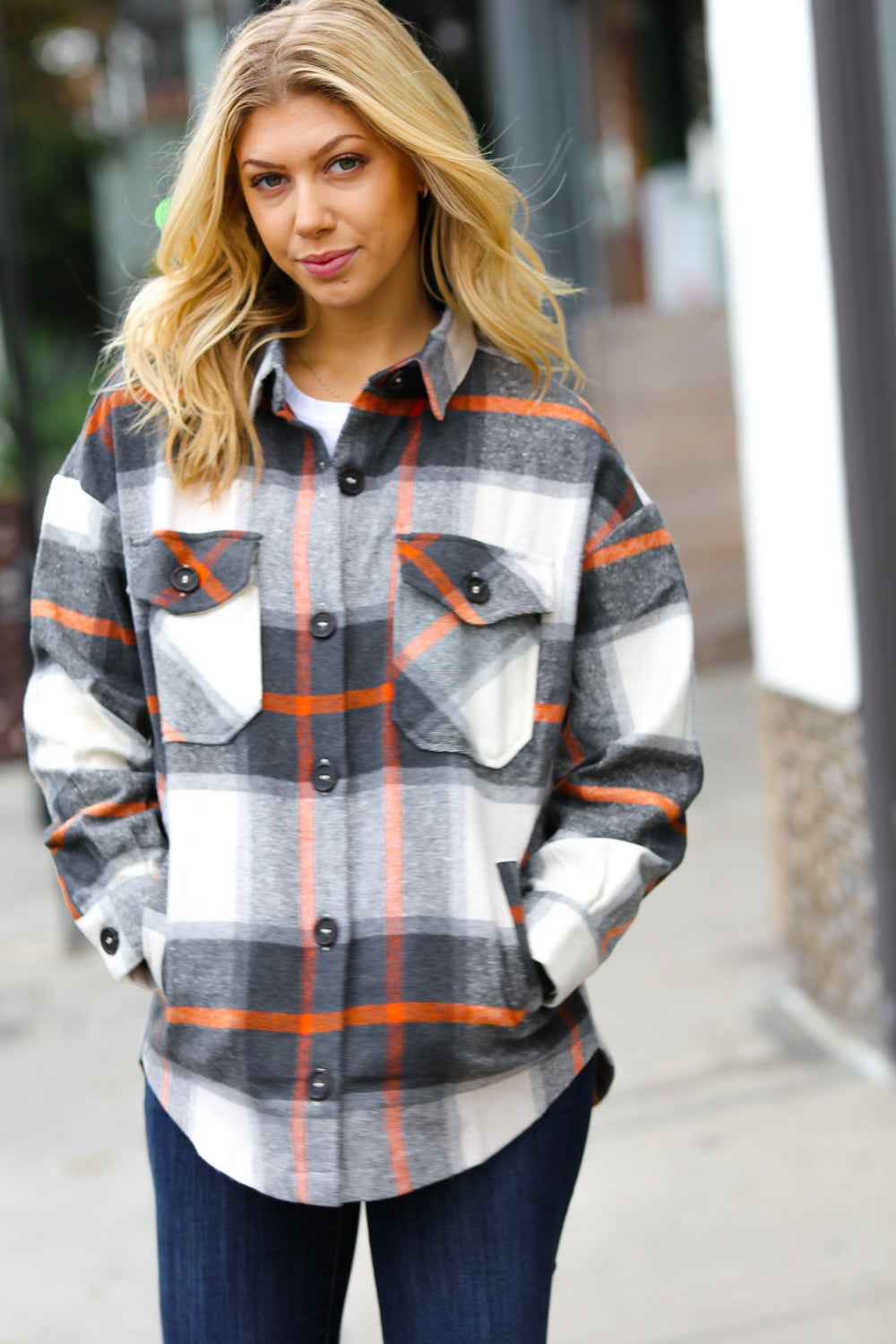 Charcoal & Rust Plaid Flannel Button Down Oversized Jacket