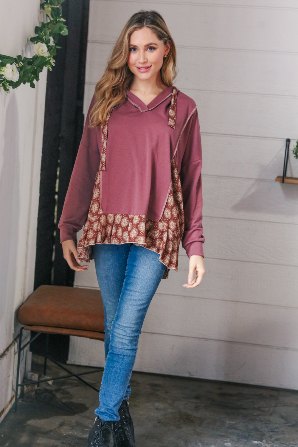 Plum Ethnic Outseam Drawstring Hoodie