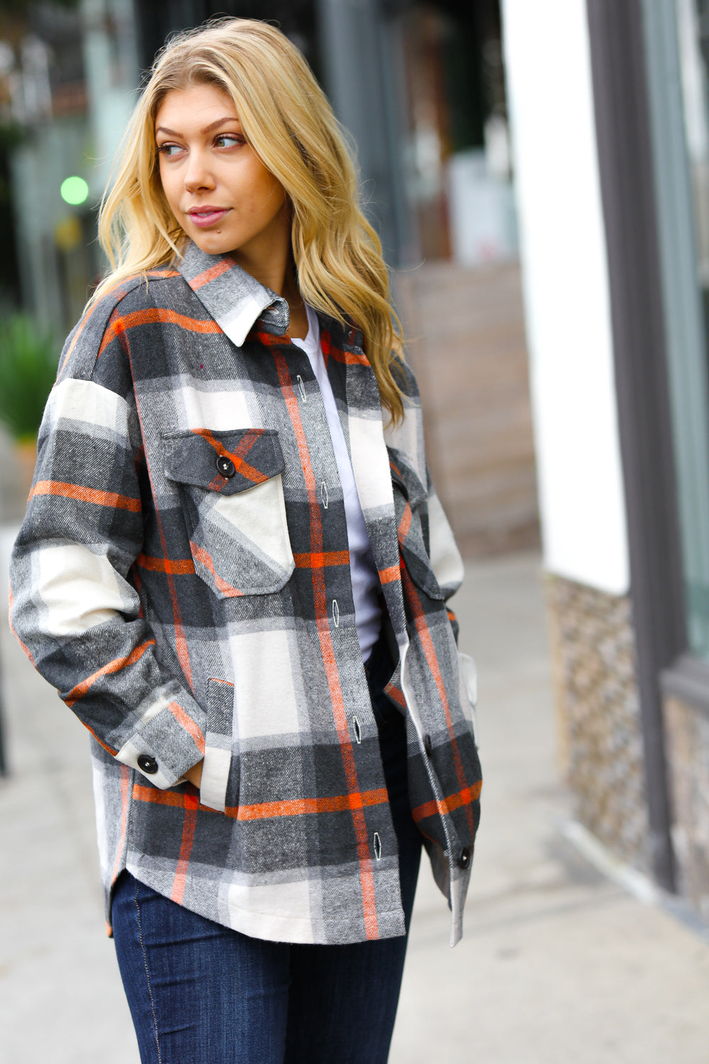 Charcoal & Rust Plaid Flannel Button Down Oversized Jacket