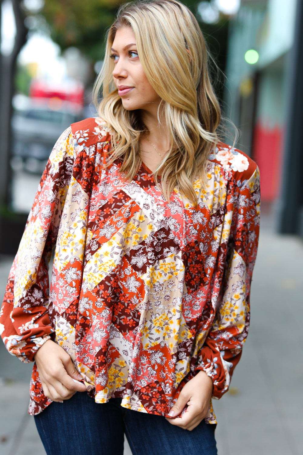 Rust Harvest Floral Patchwork V Neck Blouse