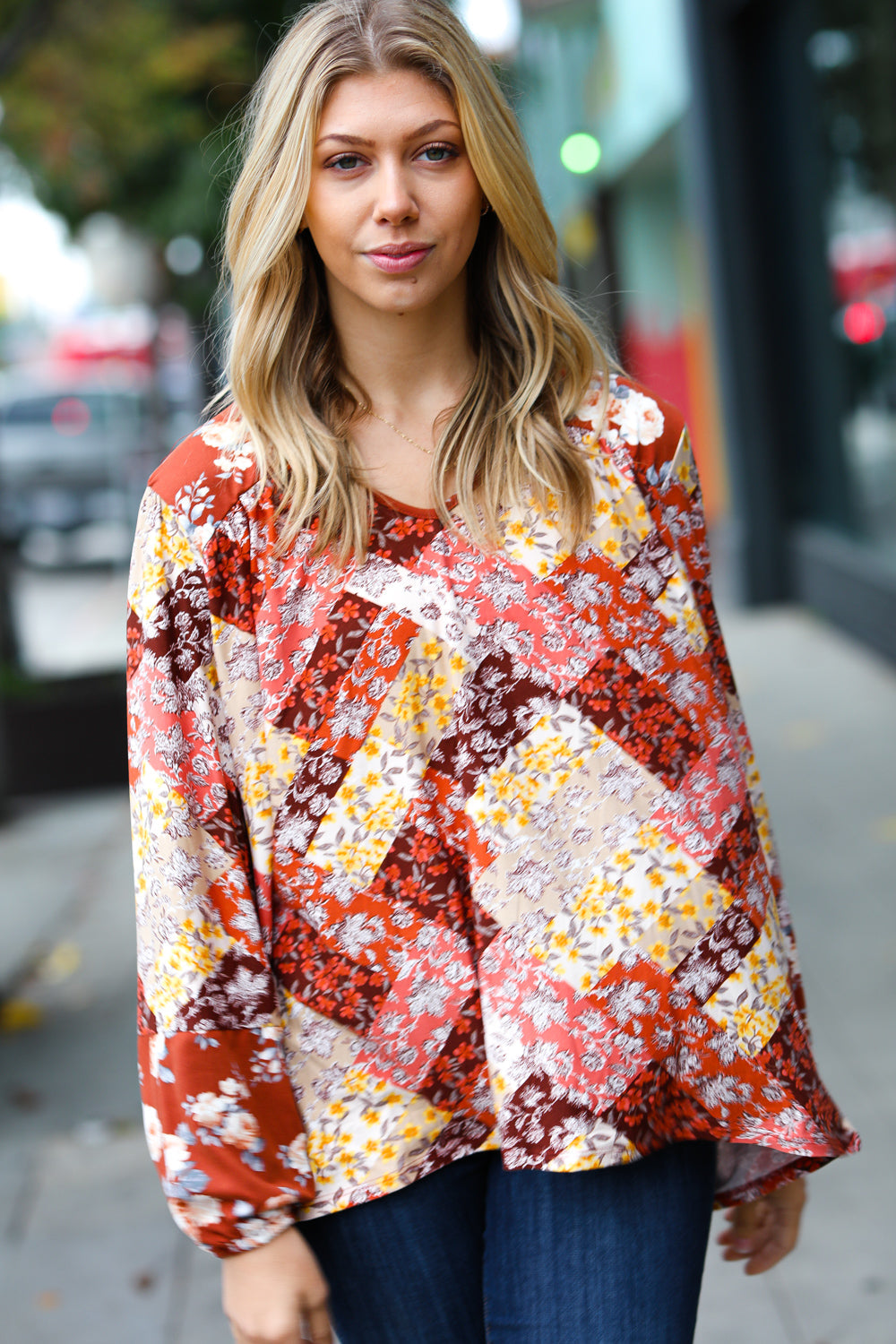 Rust Harvest Floral Patchwork V Neck Blouse