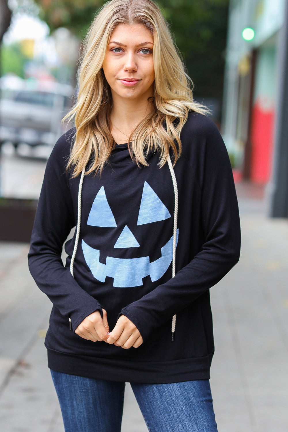 Spooky Black Jack-O-Lantern Terry Thumb Hole Double Hoodie