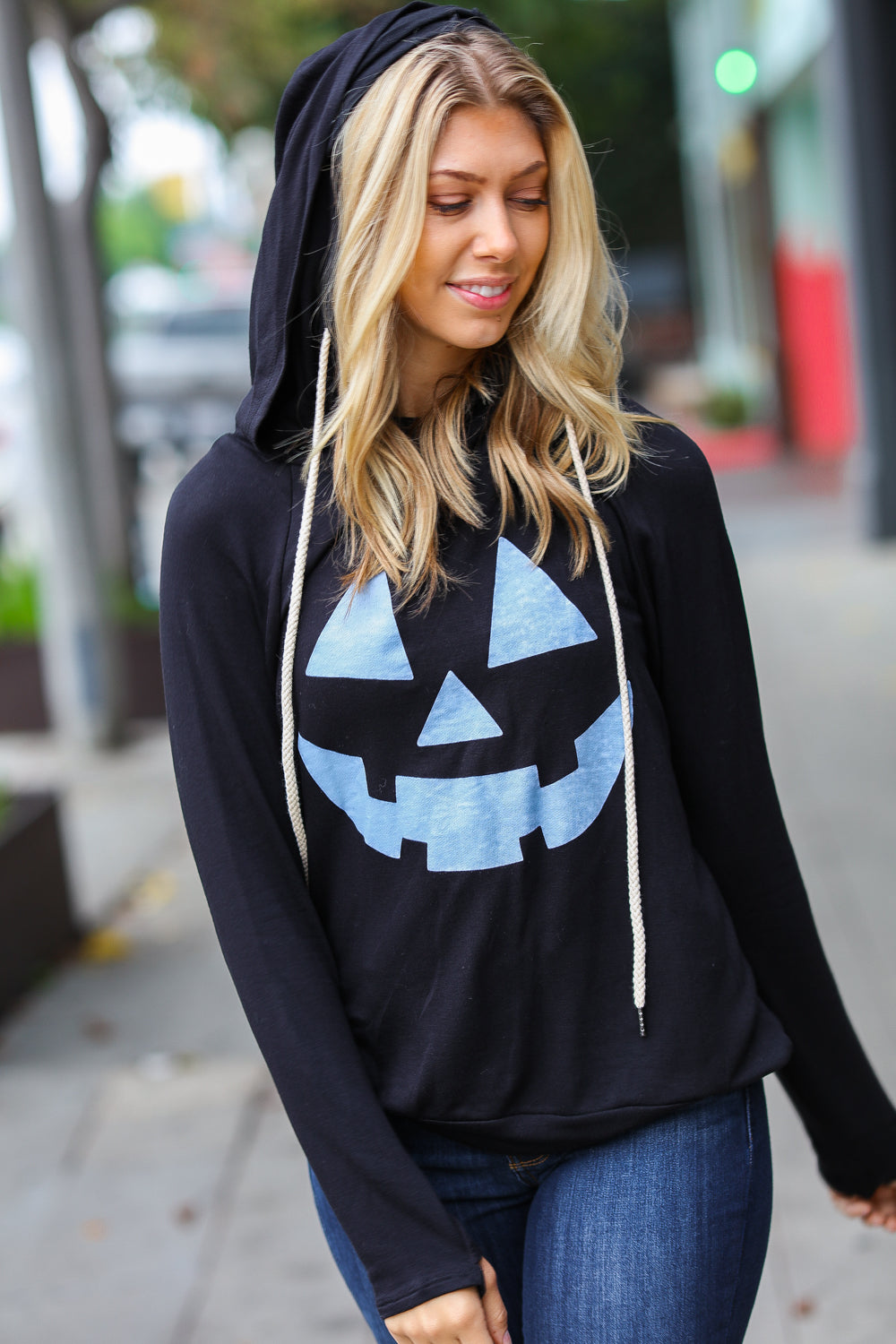 Spooky Black Jack-O-Lantern Terry Thumb Hole Double Hoodie