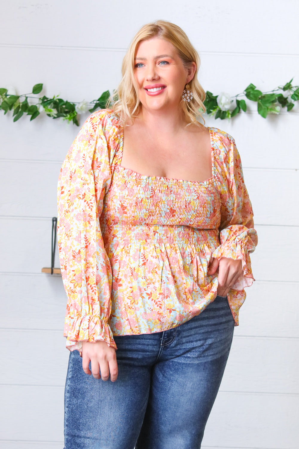 Peach/Teal Floral Square Neck Smocked Challis Blouse