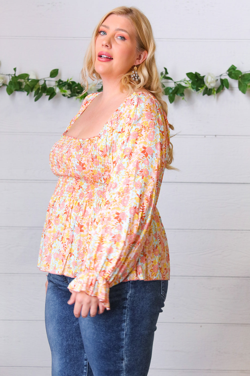 Peach/Teal Floral Square Neck Smocked Challis Blouse