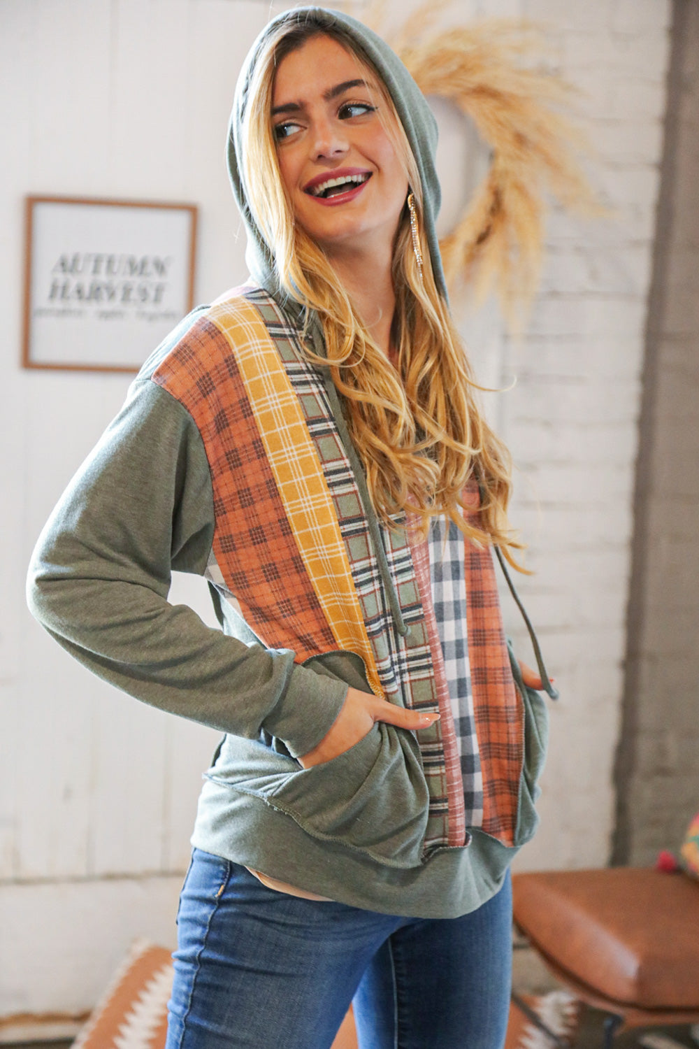 Moss Multi-Plaid French Terry Pocketed Hoodie