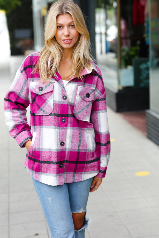 Magenta Plaid Flannel Button Down Oversized Jacket