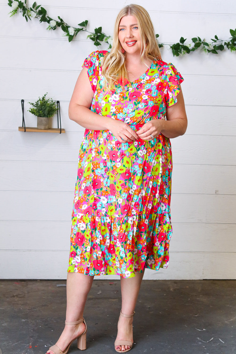 Multicolor Floral Boho Elastic Waist Ruffle Midi Dress