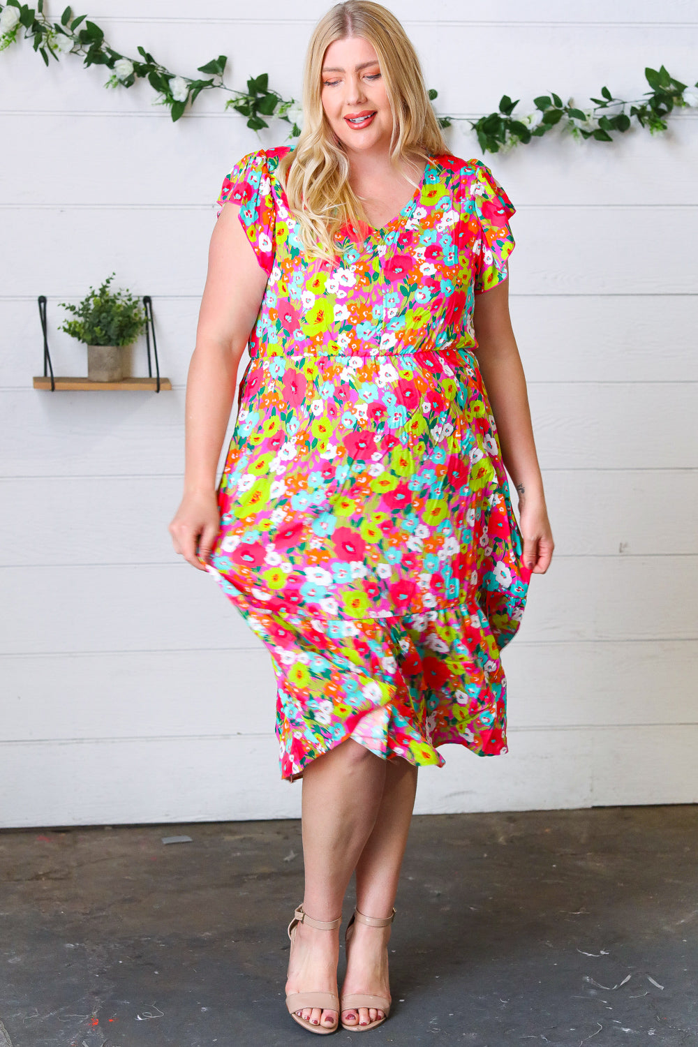 Multicolor Floral Boho Elastic Waist Ruffle Midi Dress