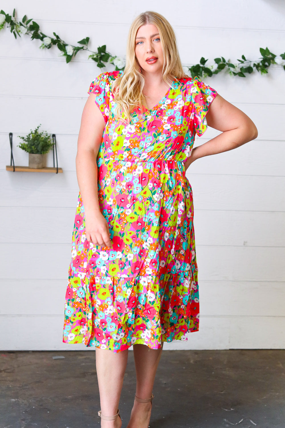 Multicolor Floral Boho Elastic Waist Ruffle Midi Dress