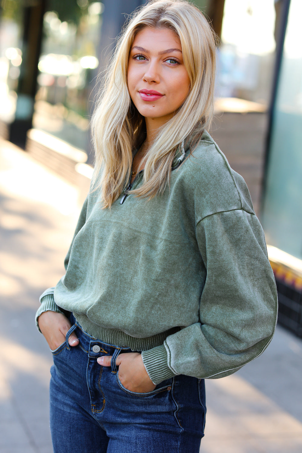 Olive Half Zip Cropped Pullover Sweater