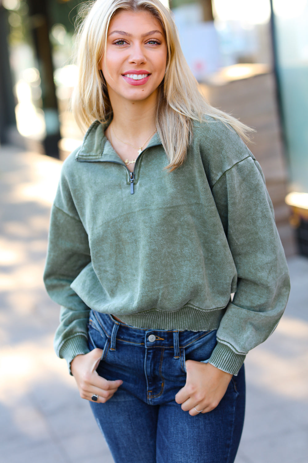 Olive Half Zip Cropped Pullover Sweater