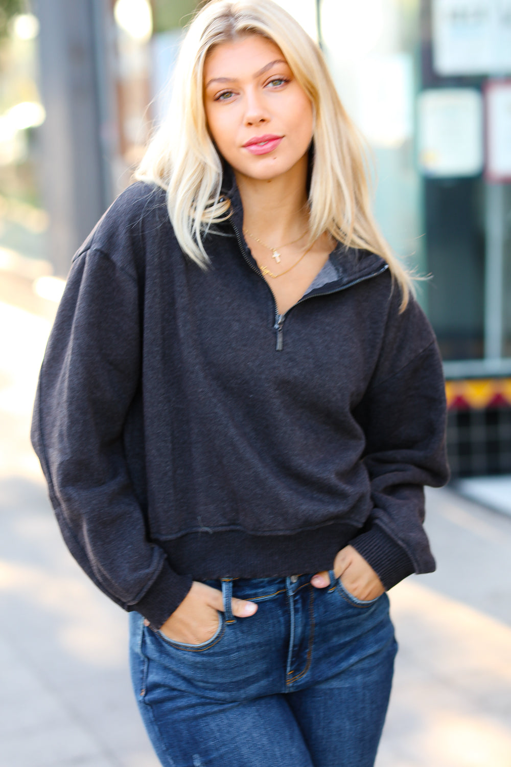 Dark Grey Half Zip Cropped Pullover Sweater