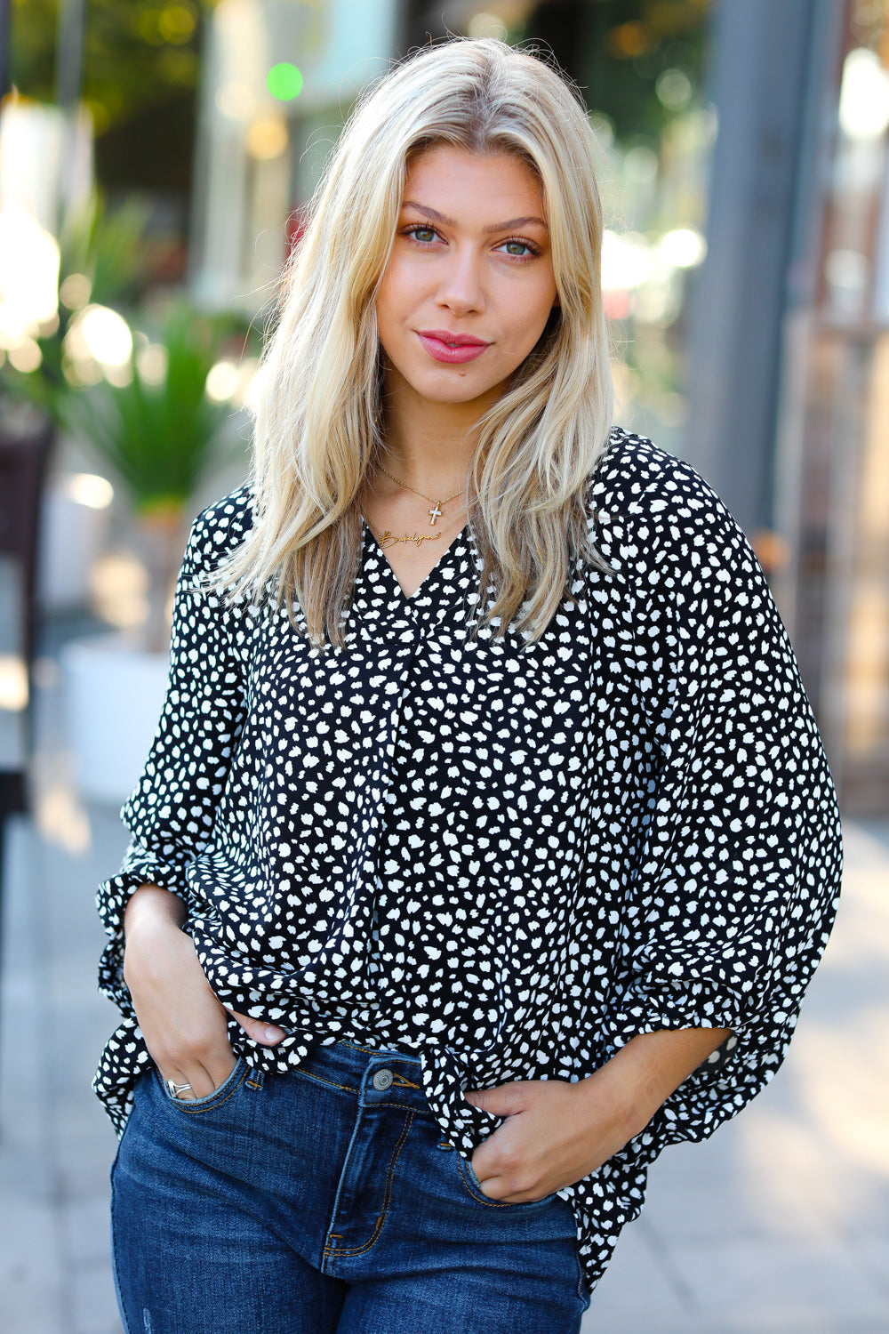 Black Abstract Dot V Neck Woven Top