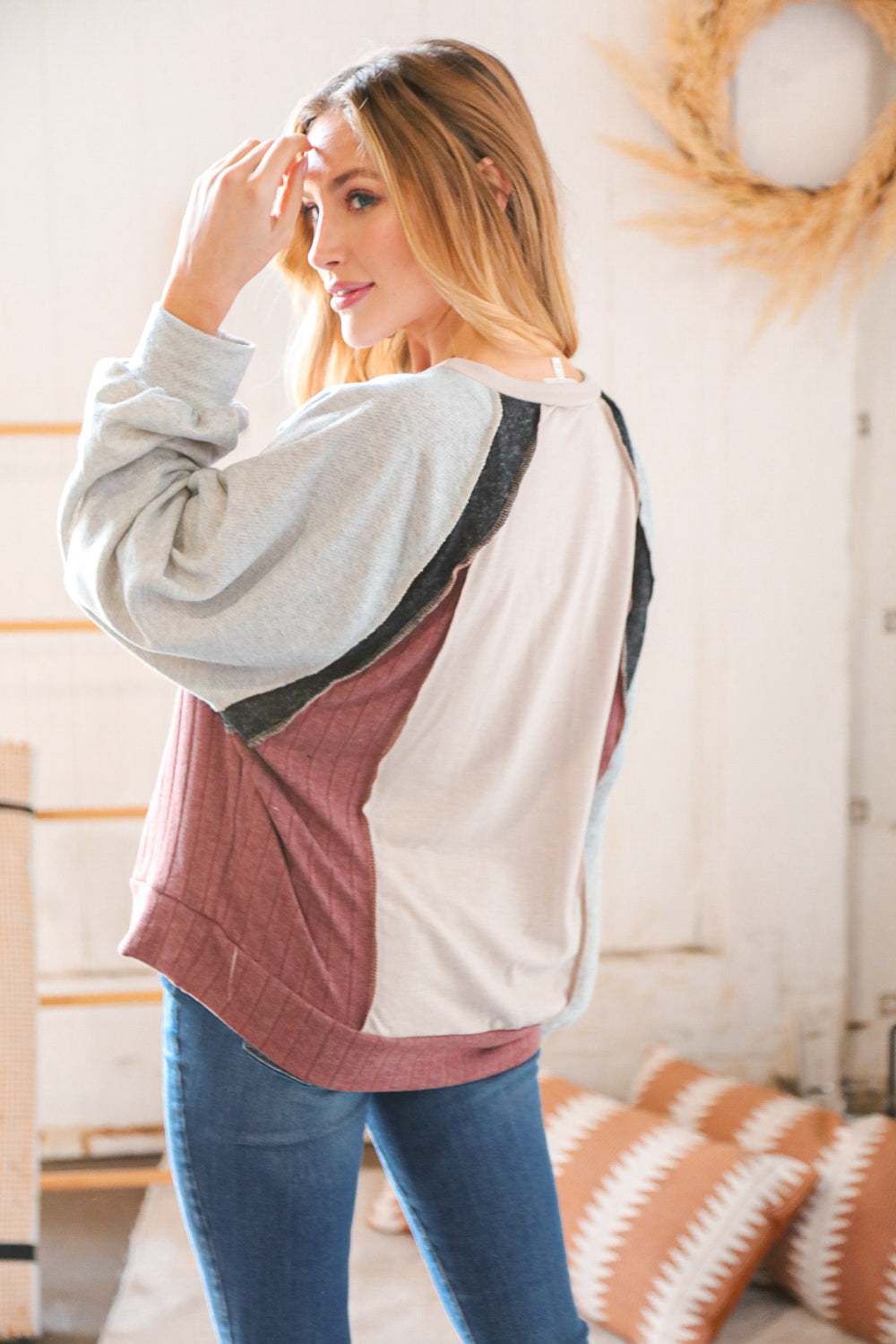 Mauve & Gray Raglan Reverse Stitch Knit Top