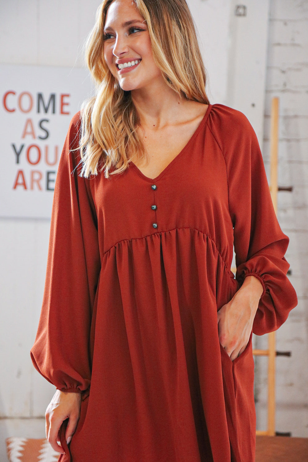 Rust V Neck Raglan Button Detail Bubble Crepe Dress