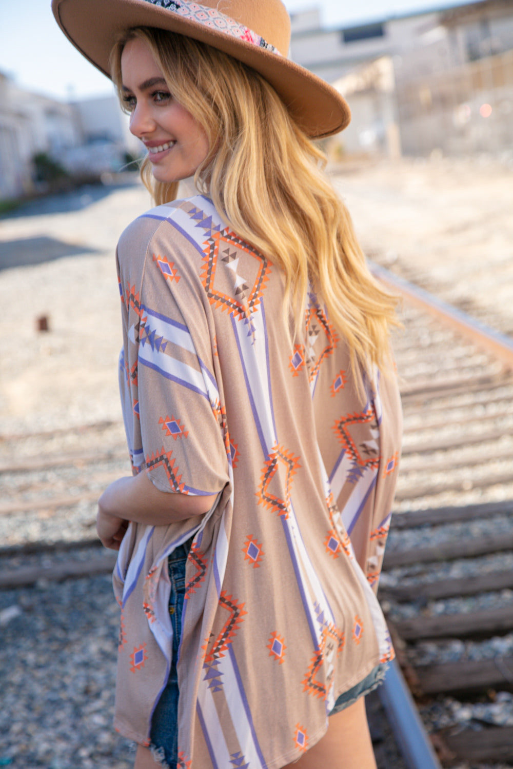 Taupe Mixed Aztec Front Pocket Poncho Top