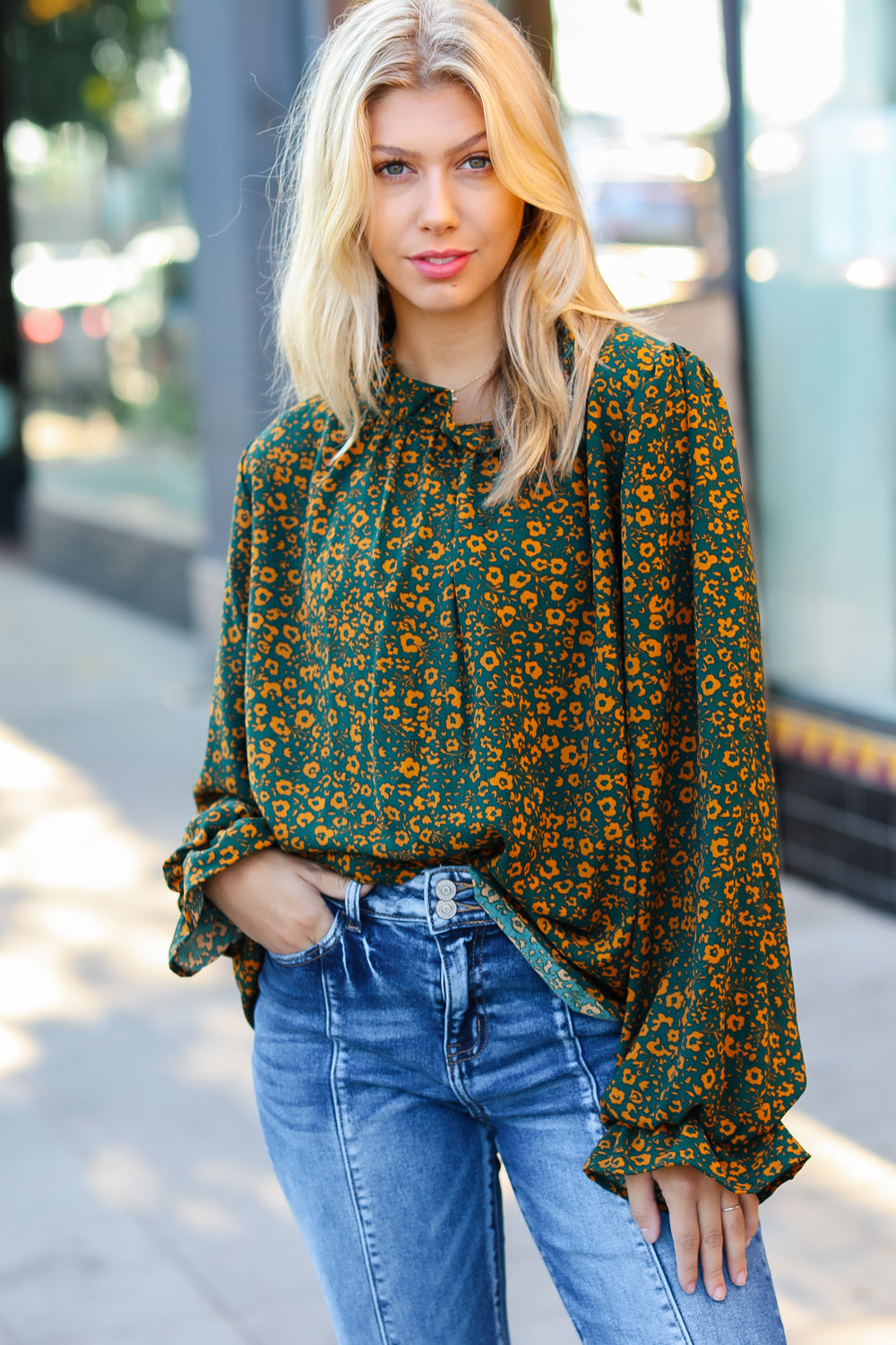 Sweet But Sassy Hunter Green Ditzy Floral Frill Neck Top