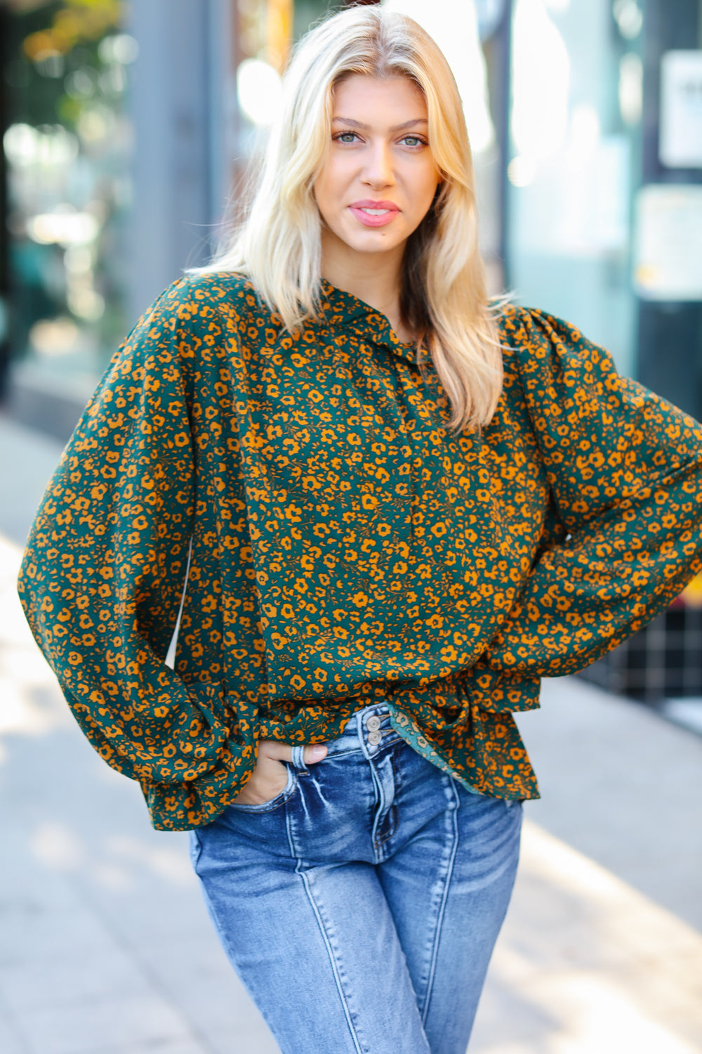 Sweet But Sassy Hunter Green Ditzy Floral Frill Neck Top