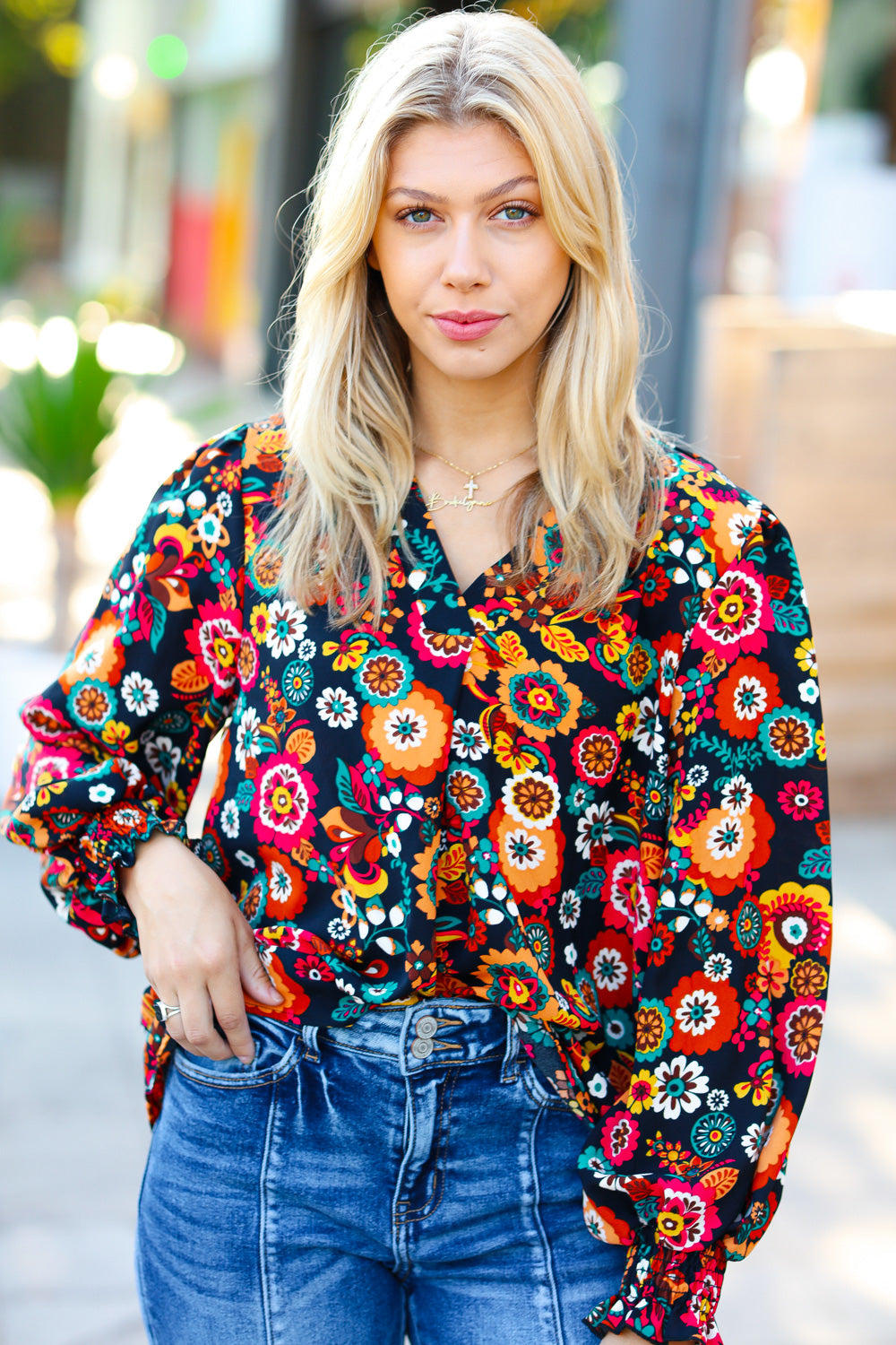 Black/Magenta Floral Ready For The Day Smocked Blouse