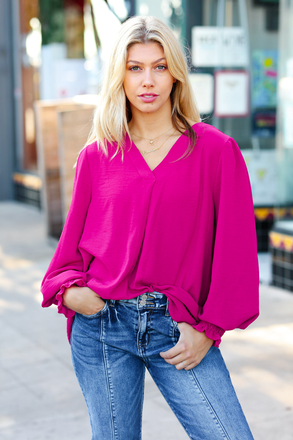 Feminine Flair Magenta Banded V Neck Smocked Top