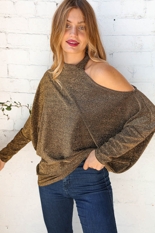 Gold Choker Cold Shoulder Dolman Glitter Top