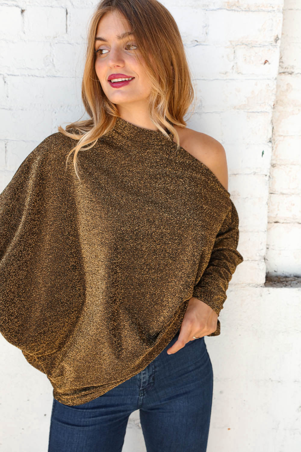 Gold Choker Cold Shoulder Dolman Glitter Top