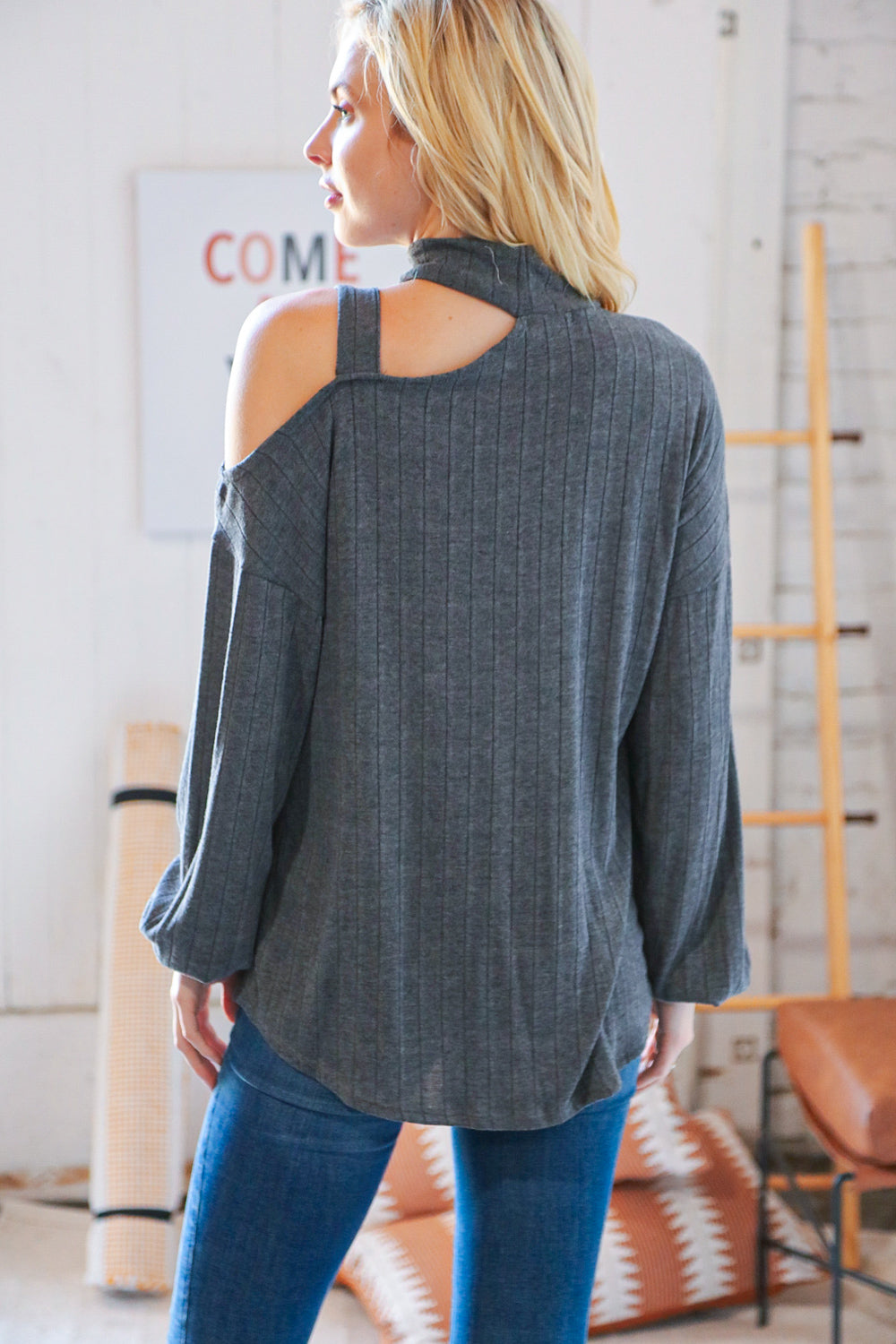 Dark Grey Ribbed Hacci Cold Shoulder Halter Top