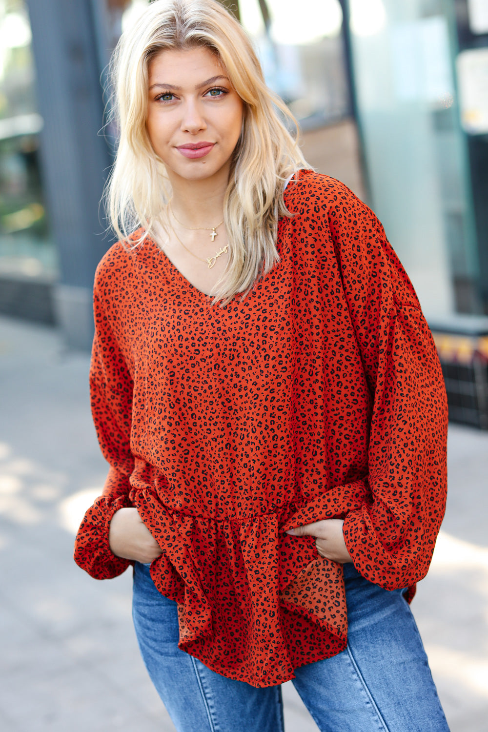 RUBY RUST LEOPARD PEPLUM TOP