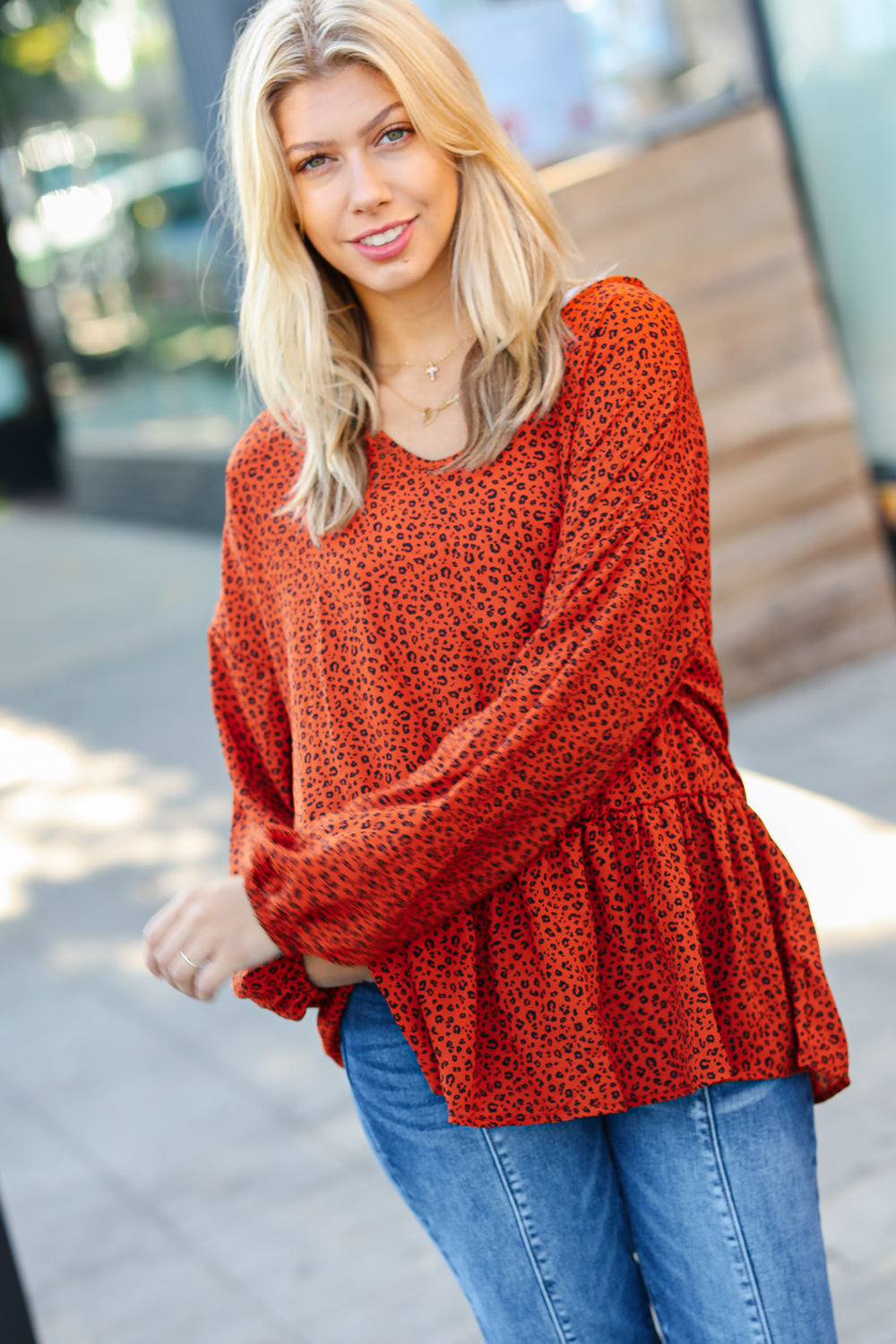 RUBY RUST LEOPARD PEPLUM TOP