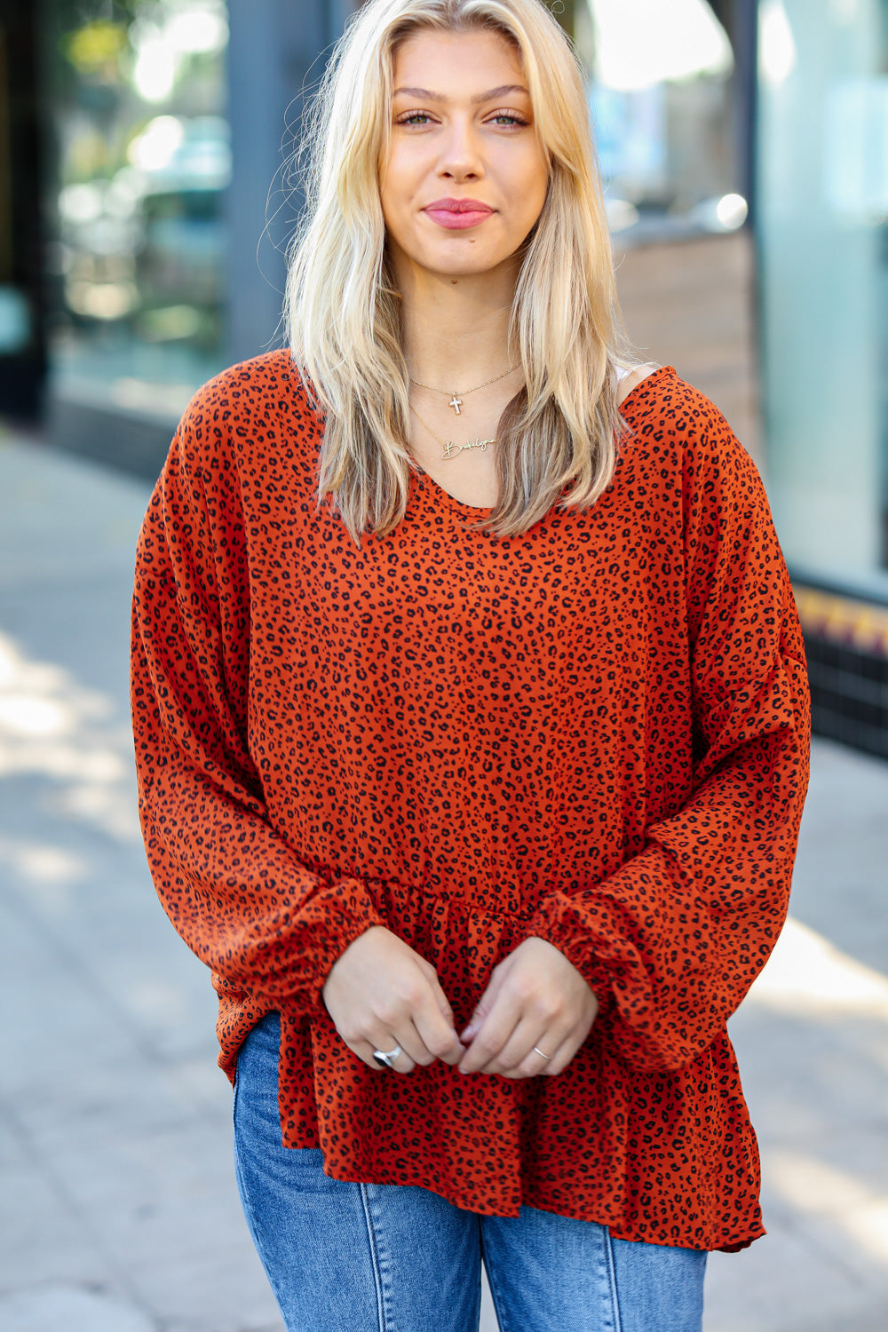 RUBY RUST LEOPARD PEPLUM TOP