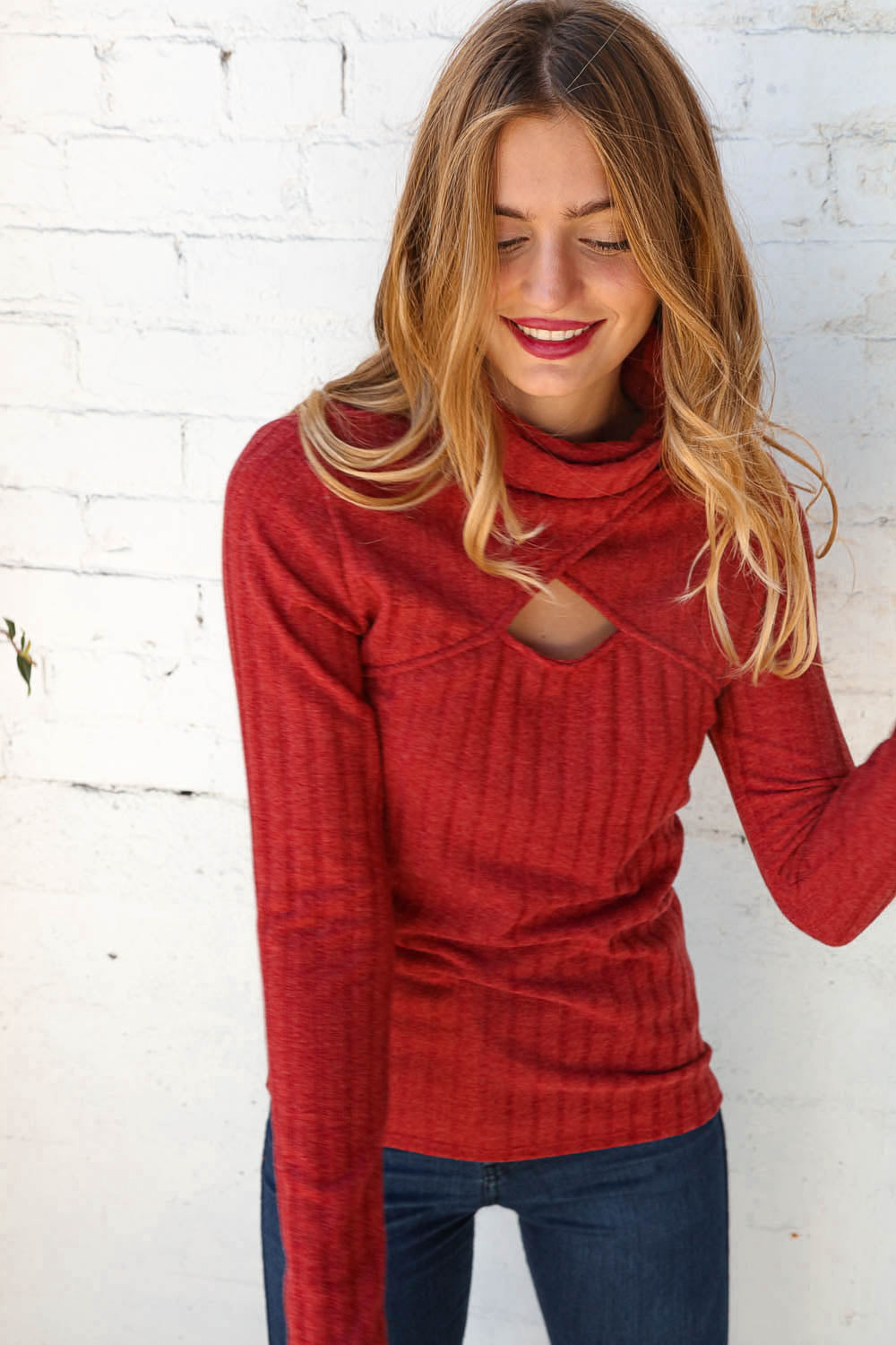 Rust Rib Turtleneck Cut Out Overlap Sweater